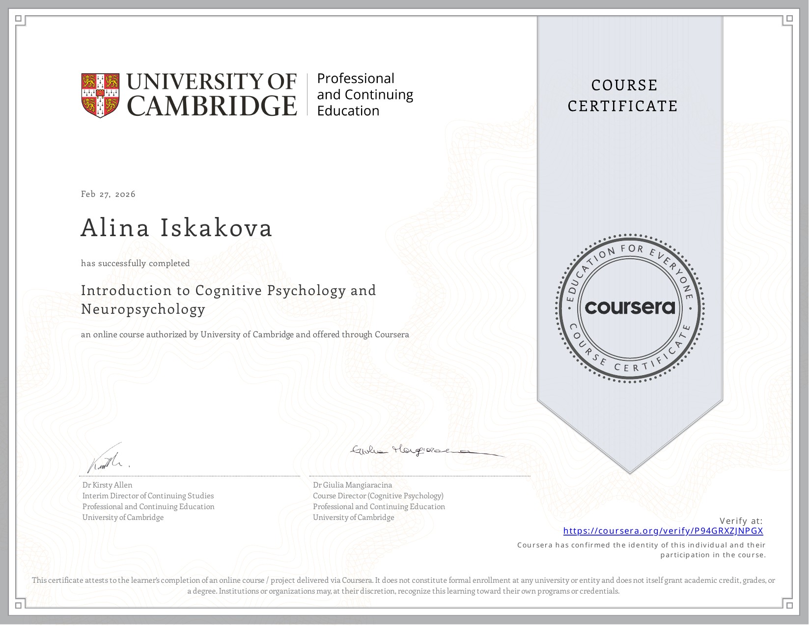 Coursera Certificate — Cognitive Psychology & Neuropsychology